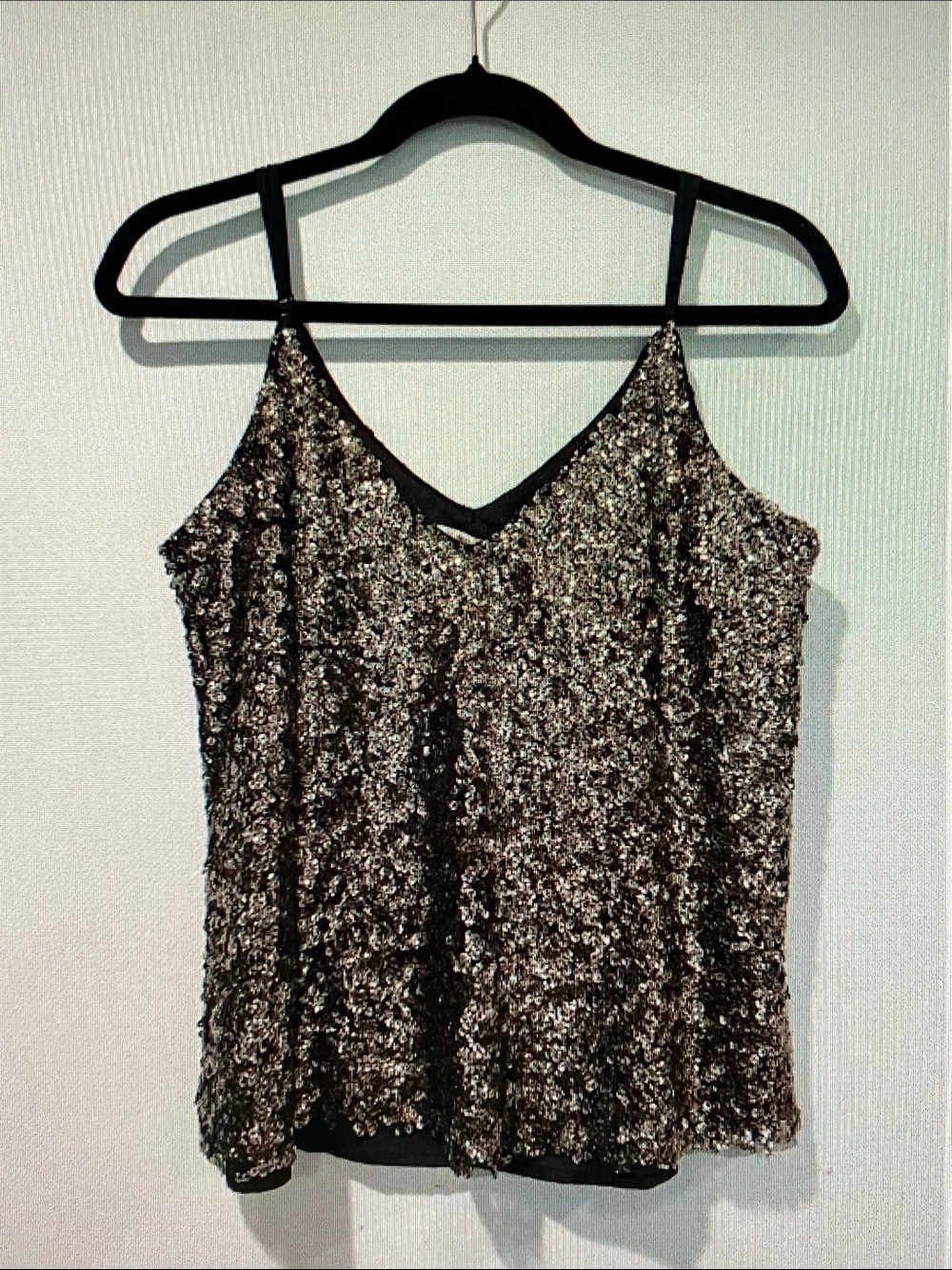 Sequin Spaghetti Strap V-Neck Tank Top - Black & Silver